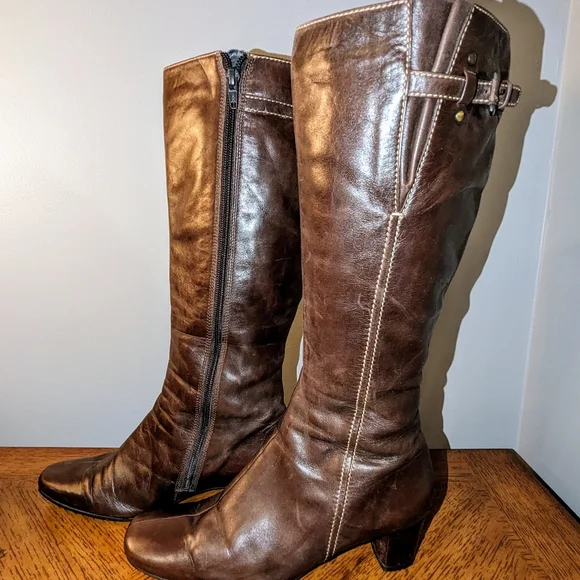 Ecco Bremen Brown Leather Zip Up Buckle Strap Knee High Boots Women 6.5 / 37 - Picture 1 of 9